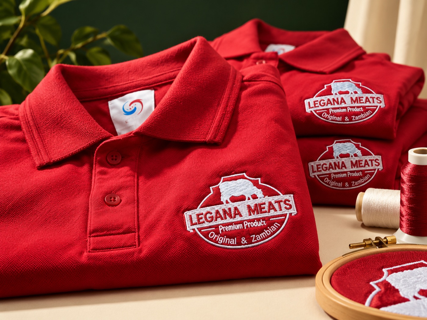 Styled presentation of Legana Meats embroidered polos based on Planet Jobbing's project photo