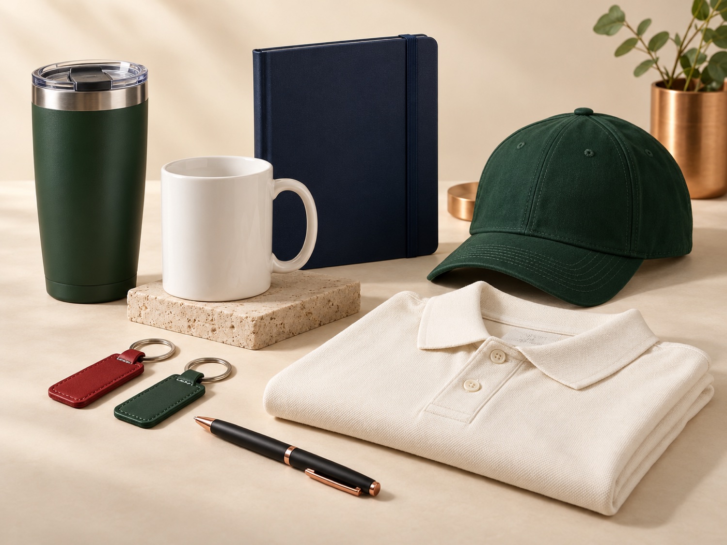 Product overview of a travel cup, mug, diary, cap, polo, keyrings and pen